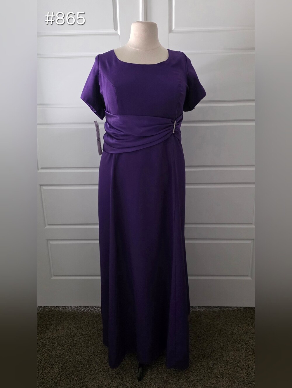 Purple Short-Sleeve Formal Dress with Waist Drape